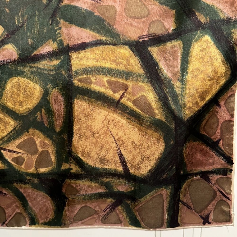 Vintage 60s Auteuil Fabrics Inc abstract art‎ green, brown & pink acetate scarf - Picture 4 of 8